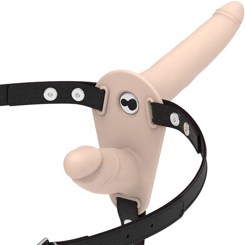Arnês Vibratório Fetish Submissive (Natural) — arnês e dildo duplo em vista inclinada