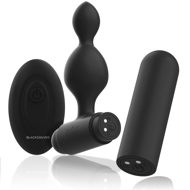 BLACK & SILVER-SMALL TUCKER SILICONE ANAL PLUG REMOTE CONTROL