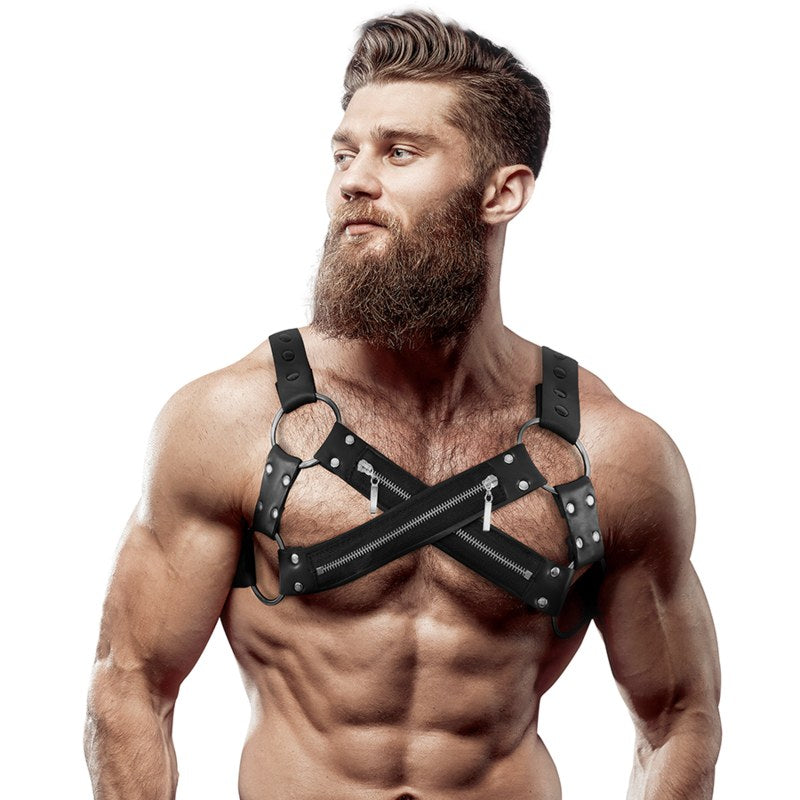 FETISH SUBMISSIVE ATTITUDE-ADJUSTABLE NEOPRENE CROSS CHEST BULLDOG HARNESS WITH ZIPPERS FOR MEN