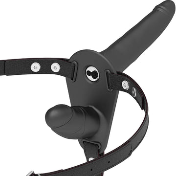 Arnês Vibratório Fetish Submissive (Preto) — arnês e dildo duplo em vista inclinada