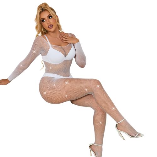 SUBBLIME – Bodystocking Rede Diamond com Manga Comprida, Branco