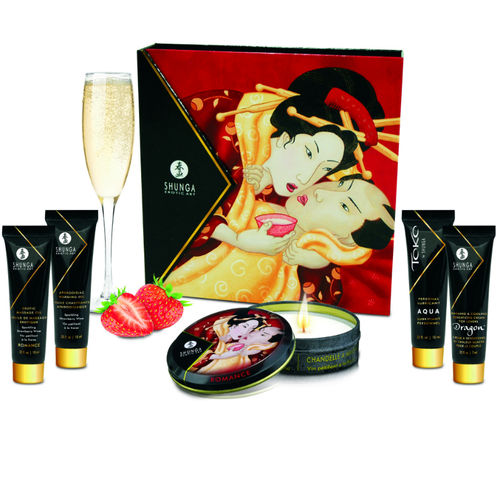 Shunga Geisha Secrets Morangos & Cava – Kit Erótico de Viagem 5 Produtos