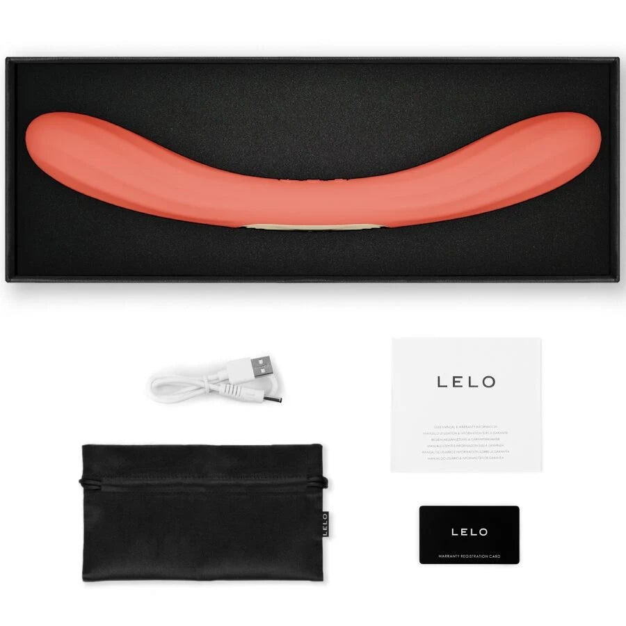 Vibrador Duplo LELO Boomerang (Vermelho coral) — conteúdo da caixa com cabo e bolsa