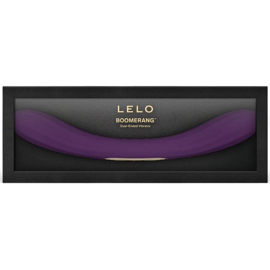 Vibrador Duplo LELO Boomerang (Roxo) — conteúdo da caixa com cabo e bolsa