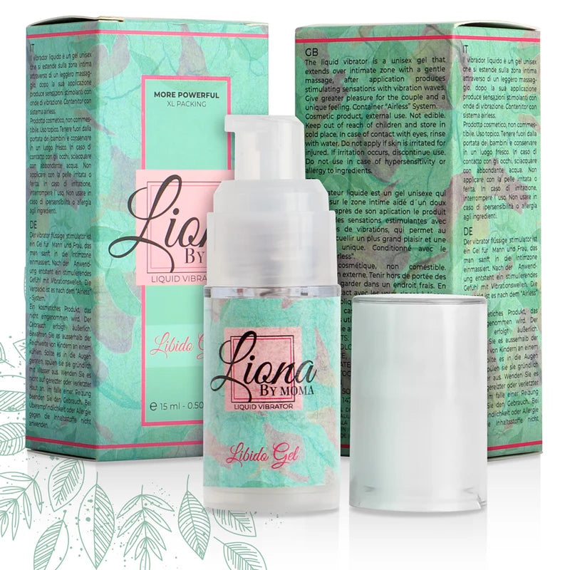 Gel Estimulante Liona by Moma Libido (15 ml) — frasco junto às faces da embalagem