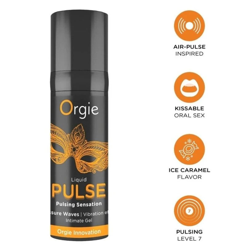 Gel Estimulante Beijável Orgie Pulse — frasco doseador preto e dourado