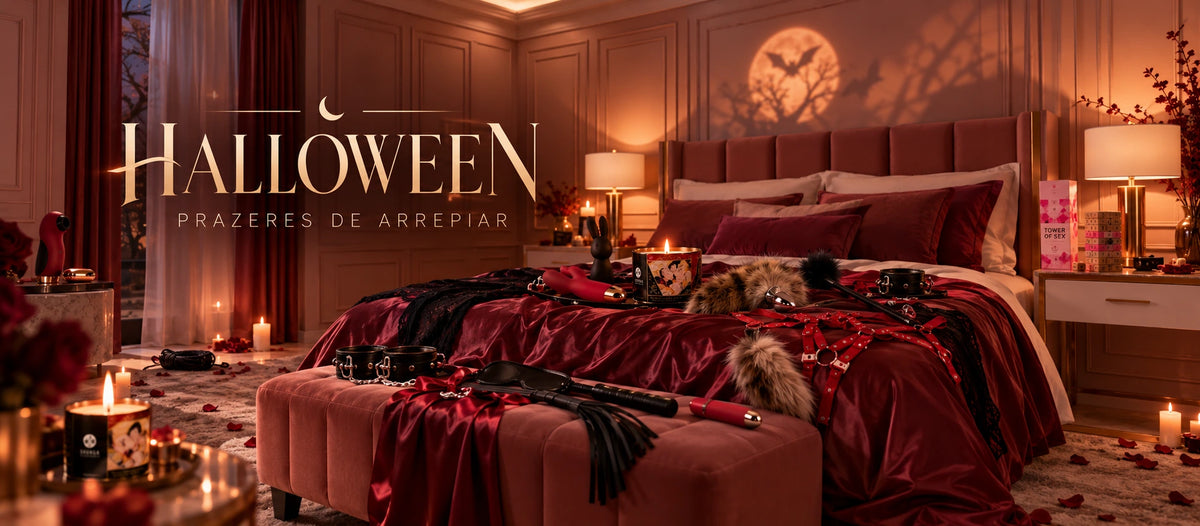 Halloween — Prazeres de Arrepiar. Um ambiente em tons vinho e luz âmbar.