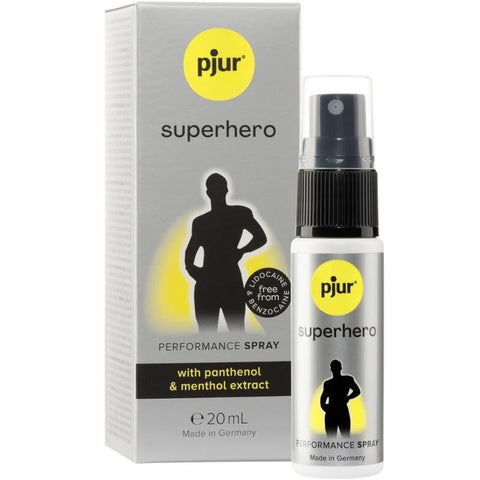 Spray Retardante Pjur Superhero Performance — frasco do cosmético junto à embalagem