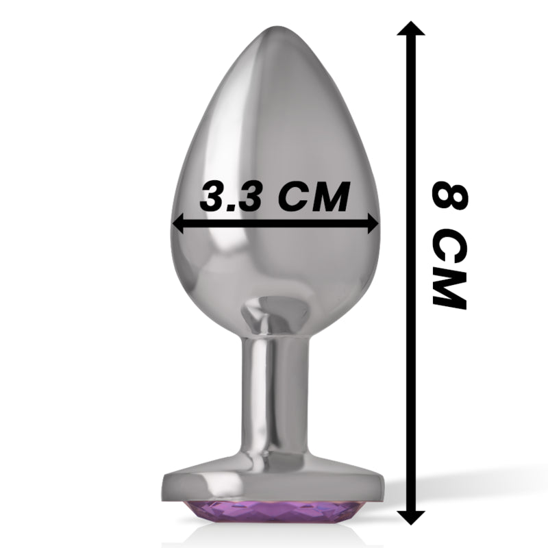 Plug anal de alumínio com cristal violeta Intense — tamanho M — dimensões 8 × 3,3 cm
