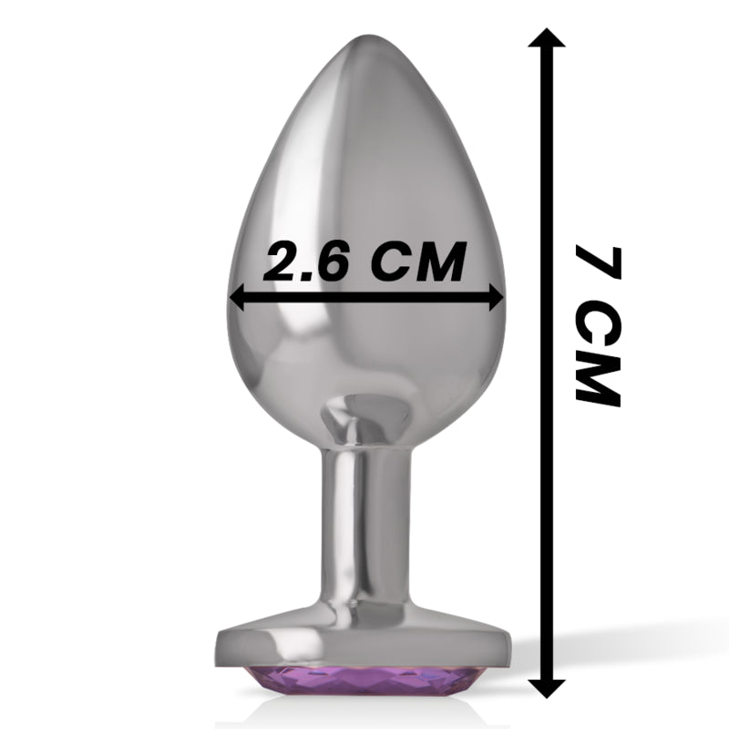 Plug anal de alumínio com cristal violeta Intense — tamanho S — dimensões 7 × 2,6 cm