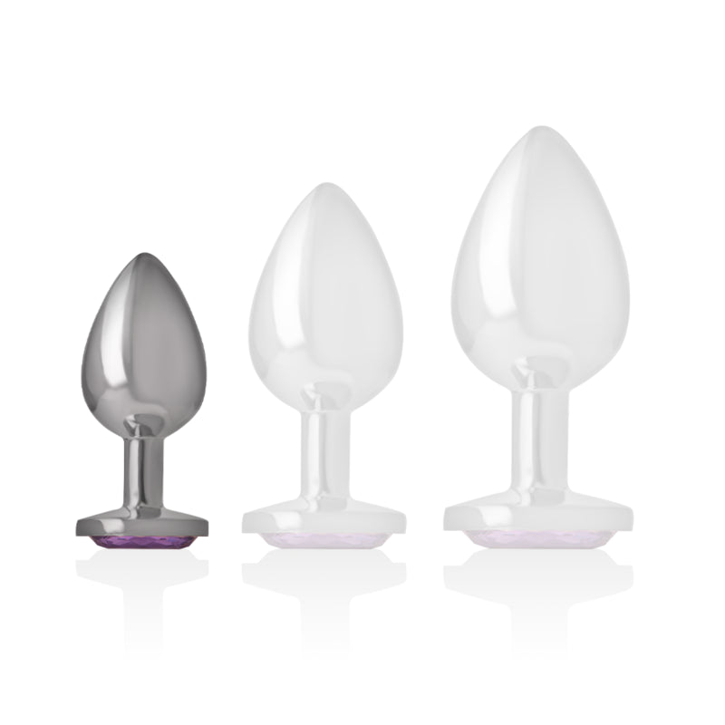 Plug anal de alumínio com cristal violeta Intense — tamanho S — comparação de tamanhos