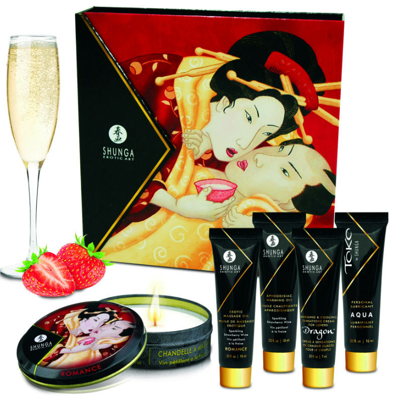 Shunga Geisha Secrets Morangos & Cava — Kit Erótico de Viagem 5 Produtos