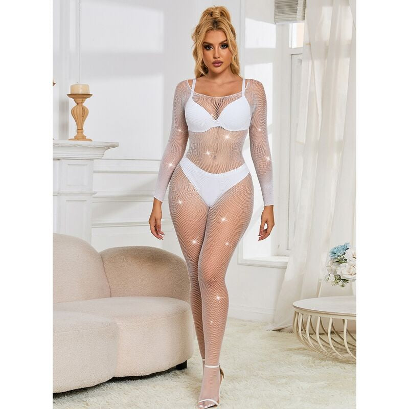 SUBBLIME — Bodystocking Rede Diamond com Manga Comprida, Branco