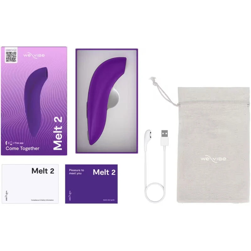 Sugador Clitoriano We-Vibe Melt 2 (Roxo) — conteúdo da caixa com cabo e bolsa