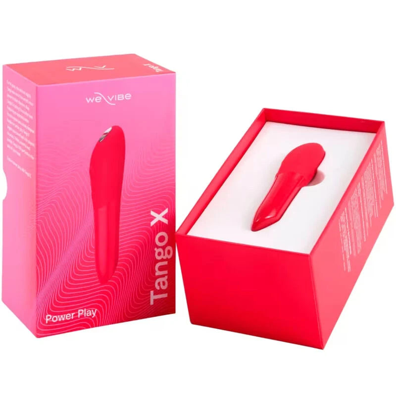 Vibrador Bullet We-Vibe Tango X (Vermelho cereja) — produto e caixa de apresentação aberta