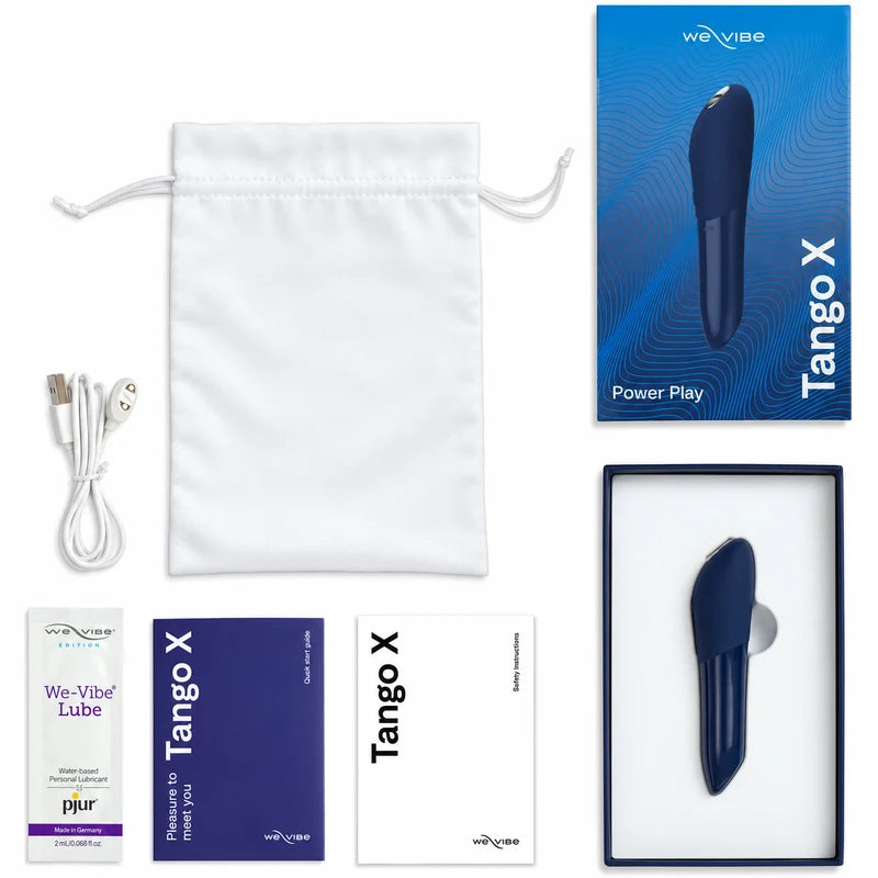 Vibrador Bullet We-Vibe Tango X (Azul meia-noite) — conteúdo da caixa com bolsa e cabo