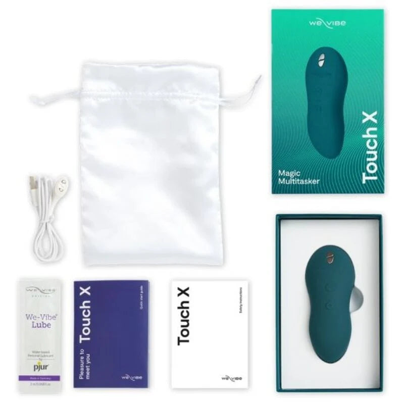 Vibrador We-Vibe Touch X (Verde) — conteúdo da caixa com bolsa e cabo
